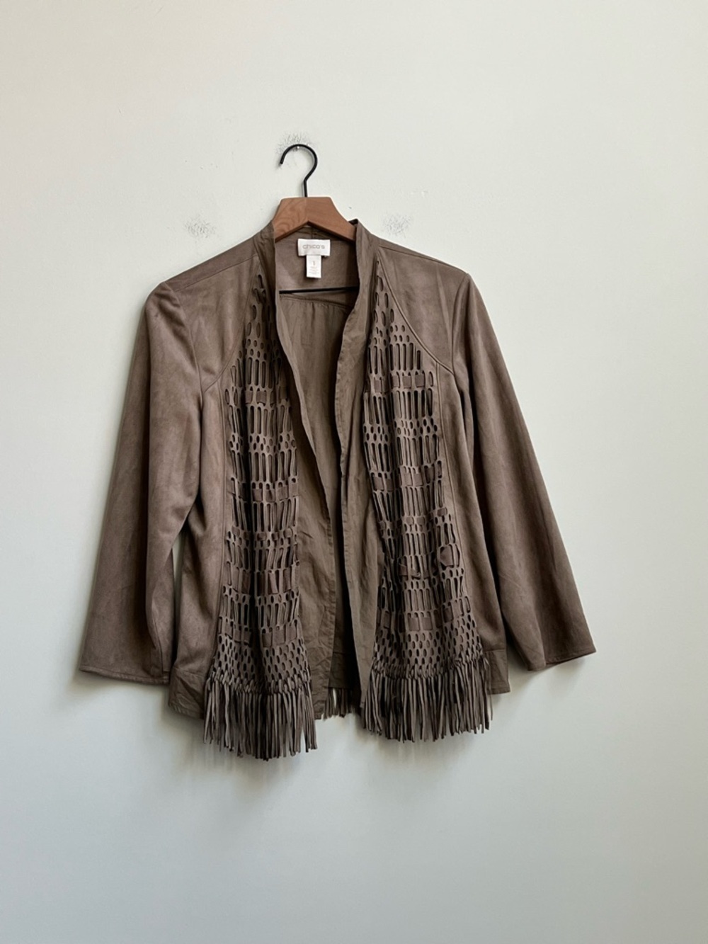 Chicos Jacket 1 US Medium Tan Faux Suede Lattice Fringe Cowgirl Boho Western - Picture 3 of 12